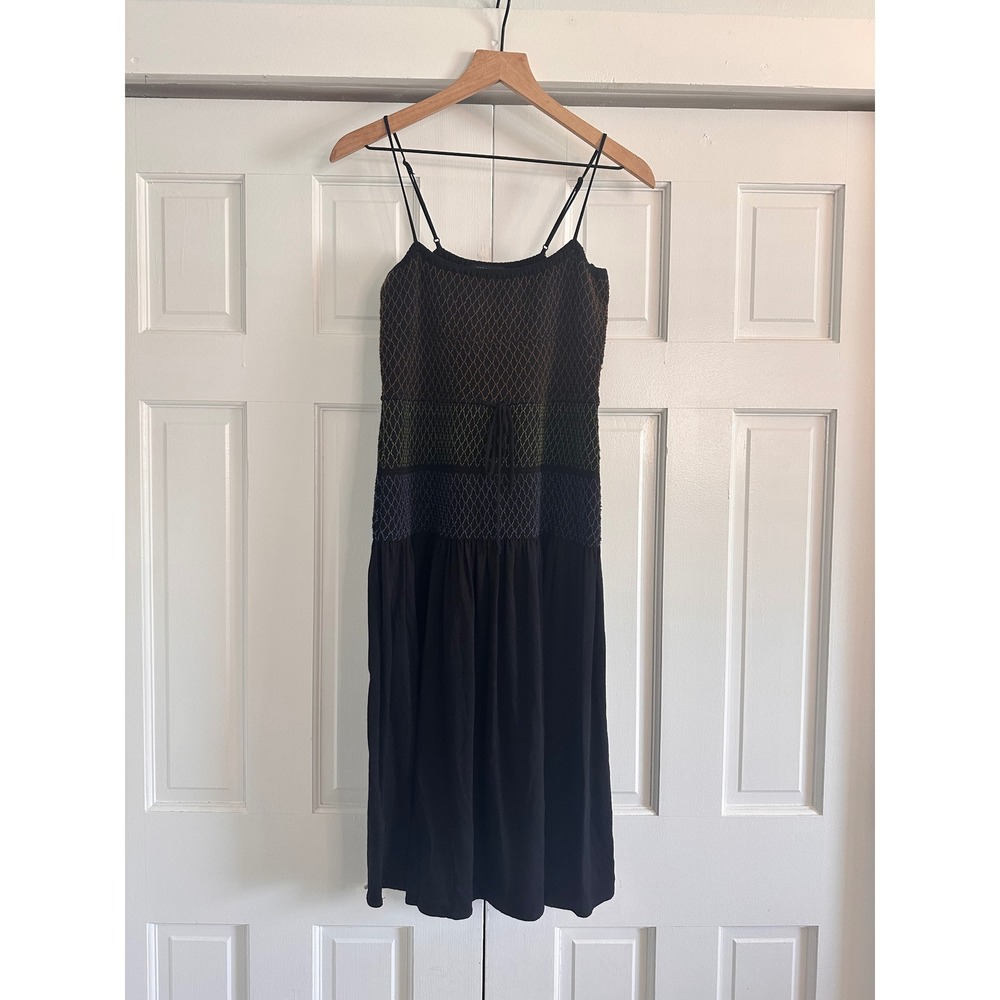 BCBGMAXAZRIA Black Smocked Midi Dress Embroidered Tiered Boho Strappy Womens M